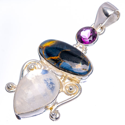 Sterling silver gemstone pendant with purple amethyst, dark pietersite, and light moonstone