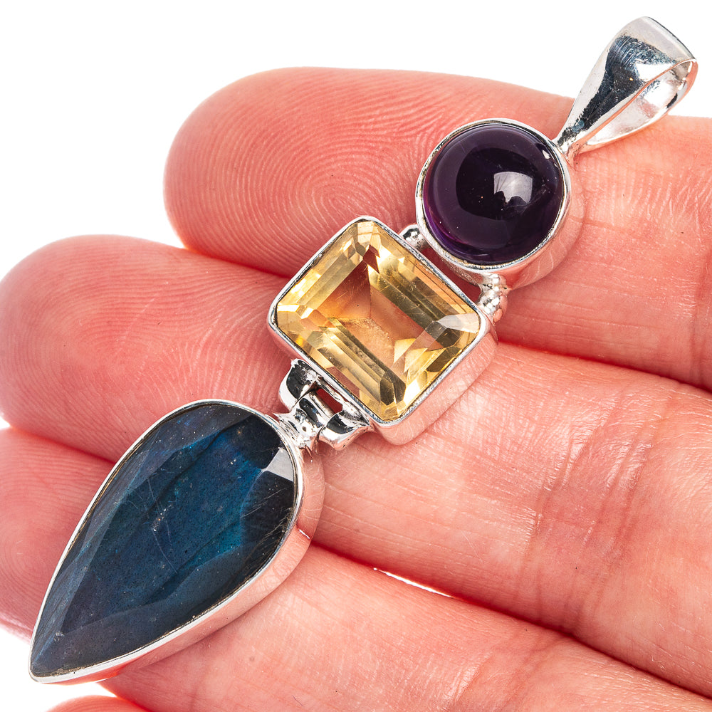 Sterling silver pendant with round purple amethyst, yellow citrine, blue labradorite drop