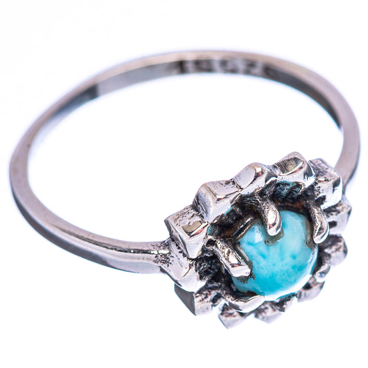 Sterling silver larimar ring, round light-blue stone with geometric prong detail