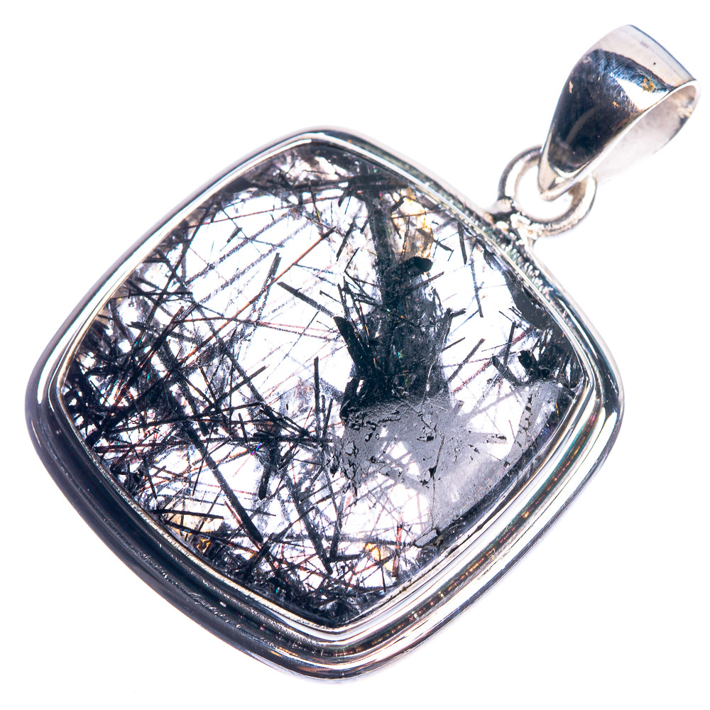 Tourmalinated quartz pendant in sterling silver, white-gray stone with needle-like inclusions