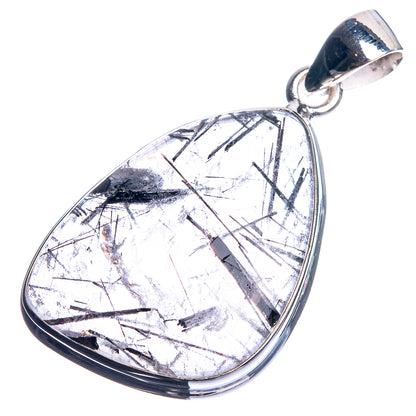 Tourmalinated quartz 925 silver pendant, teardrop cabochon with white stone and black needle lines