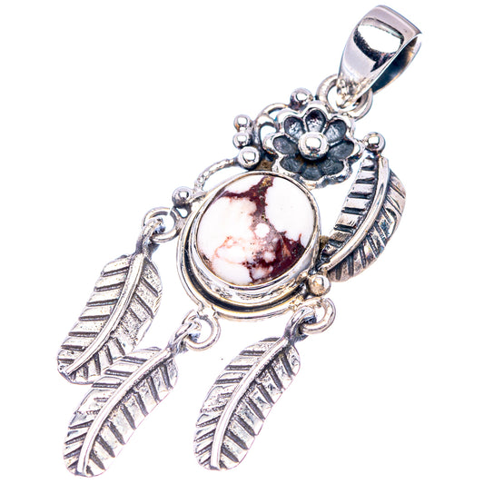 Oval wild horse jasper pendant in .925 silver with floral accents and three feathers