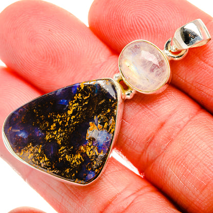 Boulder Opal, Rainbow Moonstone 925 Sterling Silver Pendant 2" (925 Sterling Silver) PD38287