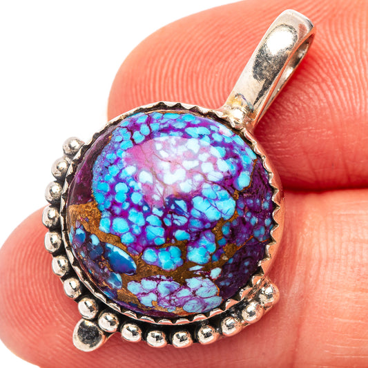 Oval turquoise and purple crackle stone pendant, sterling silver bezel and bail