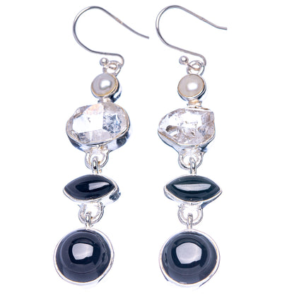 Premium Black Onyx, Herkimer Diamond, Cultured Pearl Earrings 2 1/4" (925 Sterling Silver) E1674