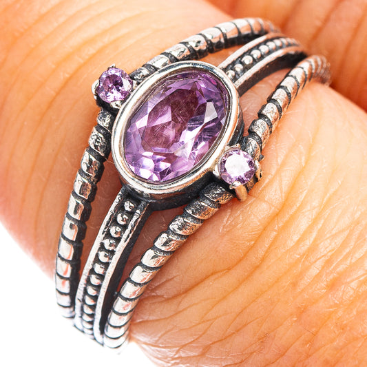 Amethyst oval dainty sterling silver ring with triple beaded bands and purple center stone
