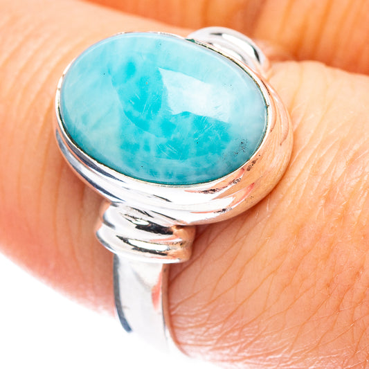 Larimar gemstone sterling silver ring, size 8, oval turquoise stone in bezel setting