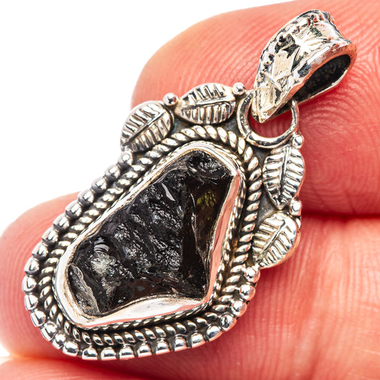 .925 sterling silver moldavite pendant, teardrop green-black stone with textured beaded rim