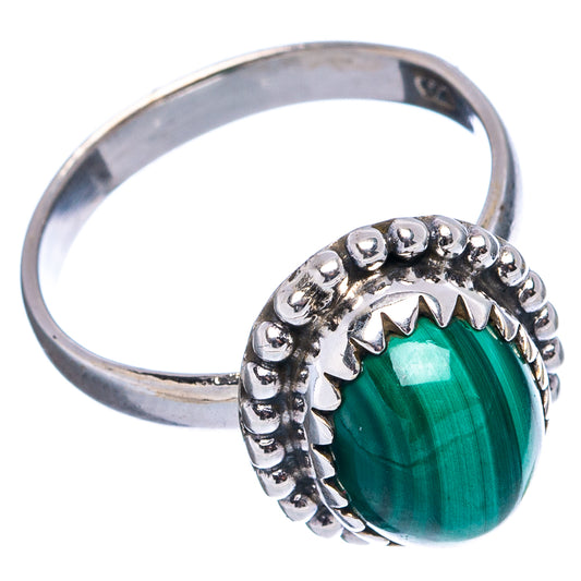 Malachite oval stone ring, .925 sterling silver band with raised beaded metal setting