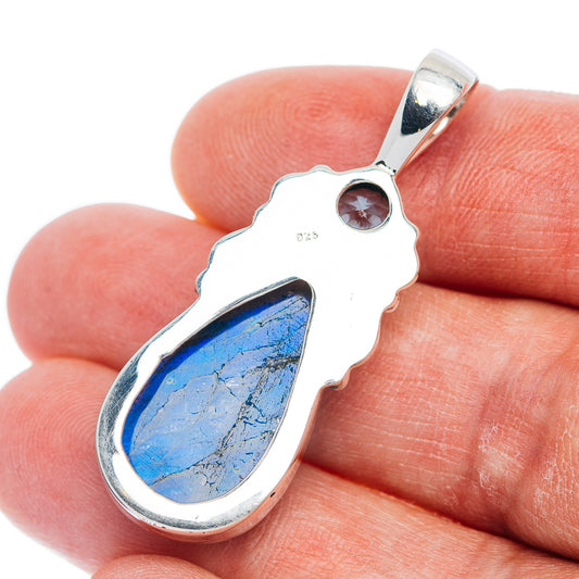 Sterling silver labradorite pendant reverse view with teardrop blue gemstone