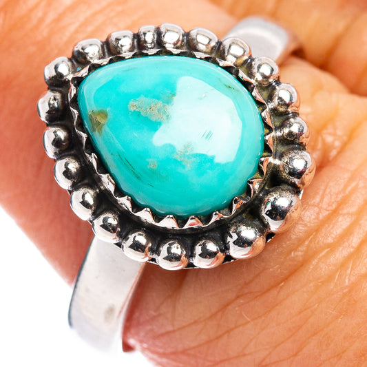 Sterling silver turquoise ring with oval cabochon and bead bezel, size 8.5