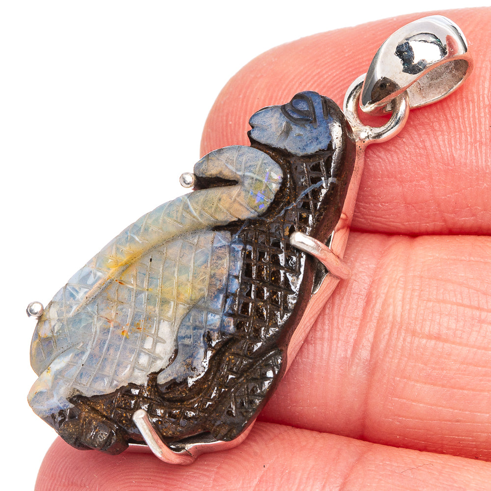 Sterling silver dinosaur pendant with blue opal mosaic and bail