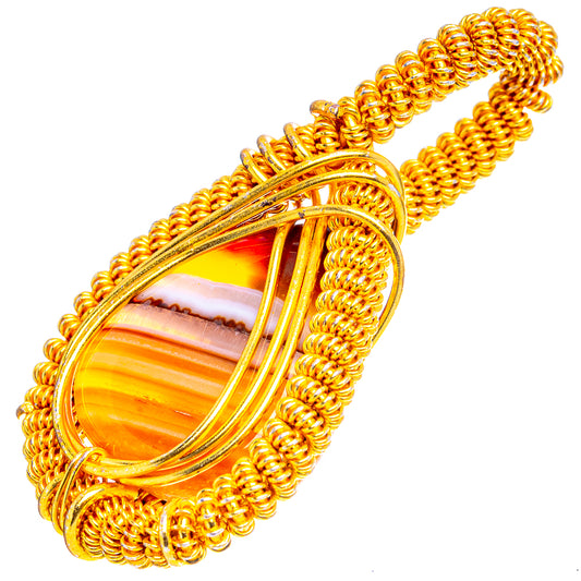 Gold-plated wire-wrap teardrop agate pendant with banded orange, yellow, and white stripes