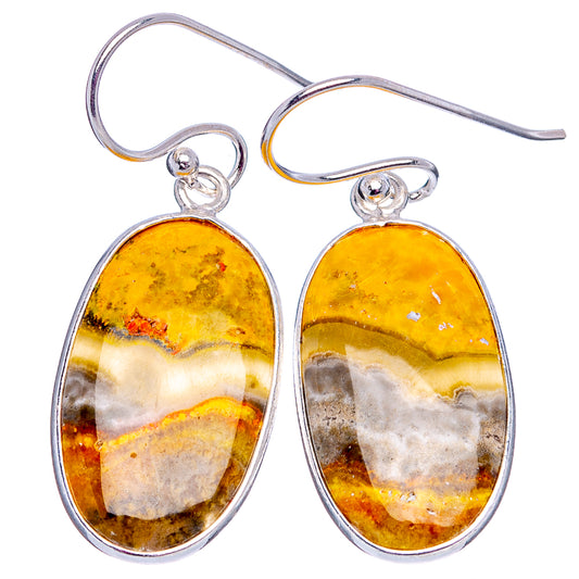 Bumblebee Jasper oval drop earrings with yellow amber center and brown veining, sterling hooks