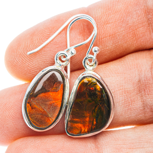 Sterling silver ammolite drop earrings with oval orange-gold gemstone, fishhook backs