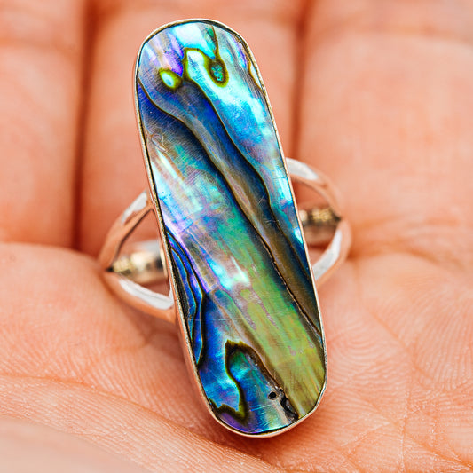 Oval abalone inlay sterling silver ring, teal-blue and green iridescent surface