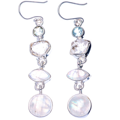 Premium Rainbow Moonstone, Herkimer Diamond, Blue Topaz 925 Sterling Silver Earrings 2 3/8" (925 Sterling Silver) E1223