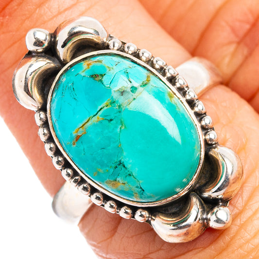 Turquoise oval stone sterling silver ring with beaded bezel and split band