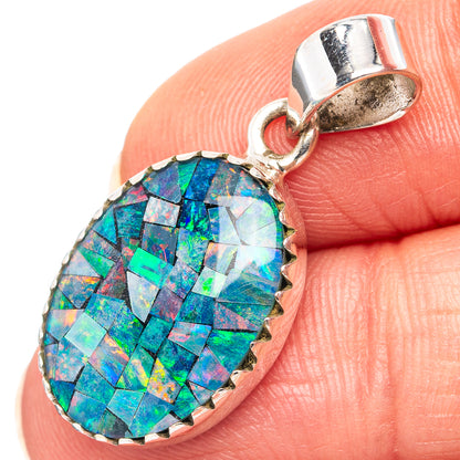 Sterling silver opal pendant with colorful mosaic oval stone and open loop bail