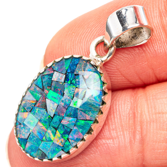 Sterling silver opal pendant with colorful mosaic oval stone and open loop bail