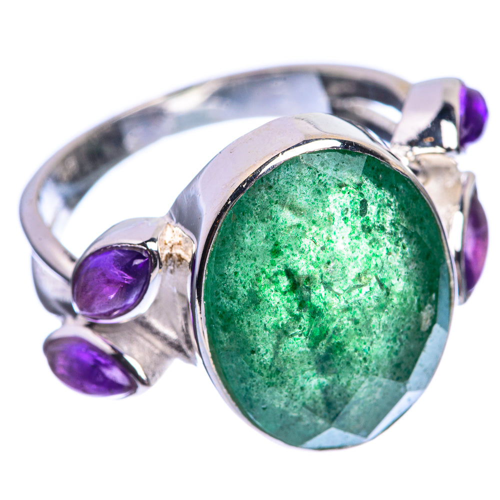 Sterling silver ring, green oval aventurine center stone with three purple amethyst cabochons