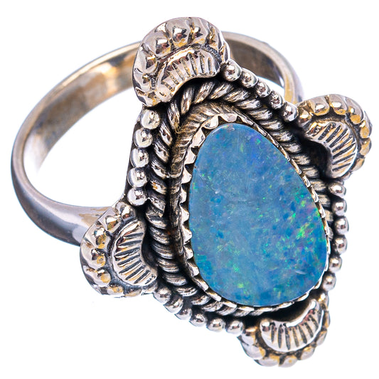 Sterling silver opal doublet ring, blue teardrop stone with ornate scalloped bezel