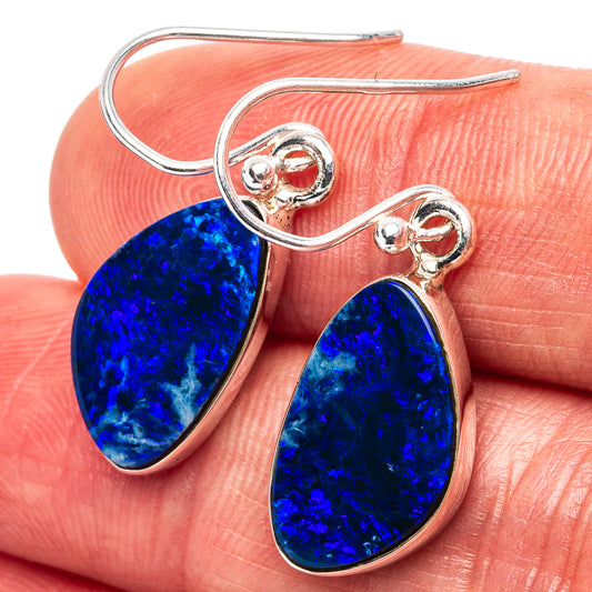 Sterling silver teardrop opal doublet earrings, deep blue stones on curved hooks