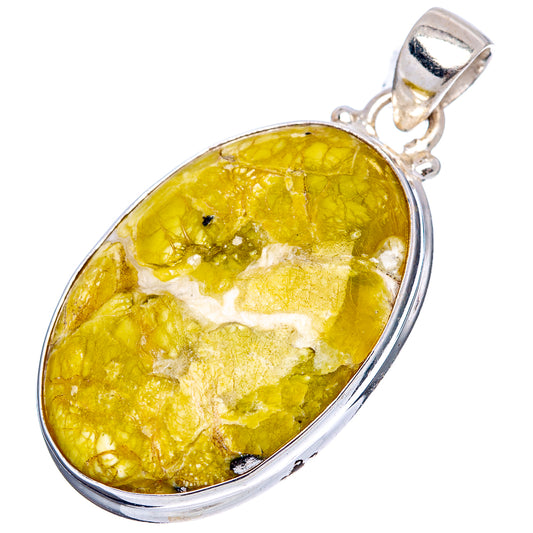 Oval yellow lizardite pendant with .925 sterling silver bezel and bail, hanging style.
