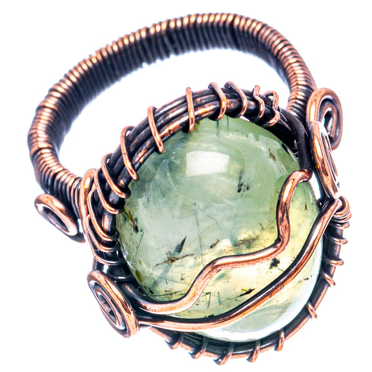 Prehnite wire wrap ring, oval green prehnite in oxidized copper coiled band