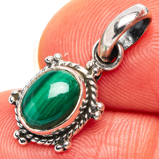 Malachite dainty pendant in .925 sterling silver, oval green stone with ornate frame