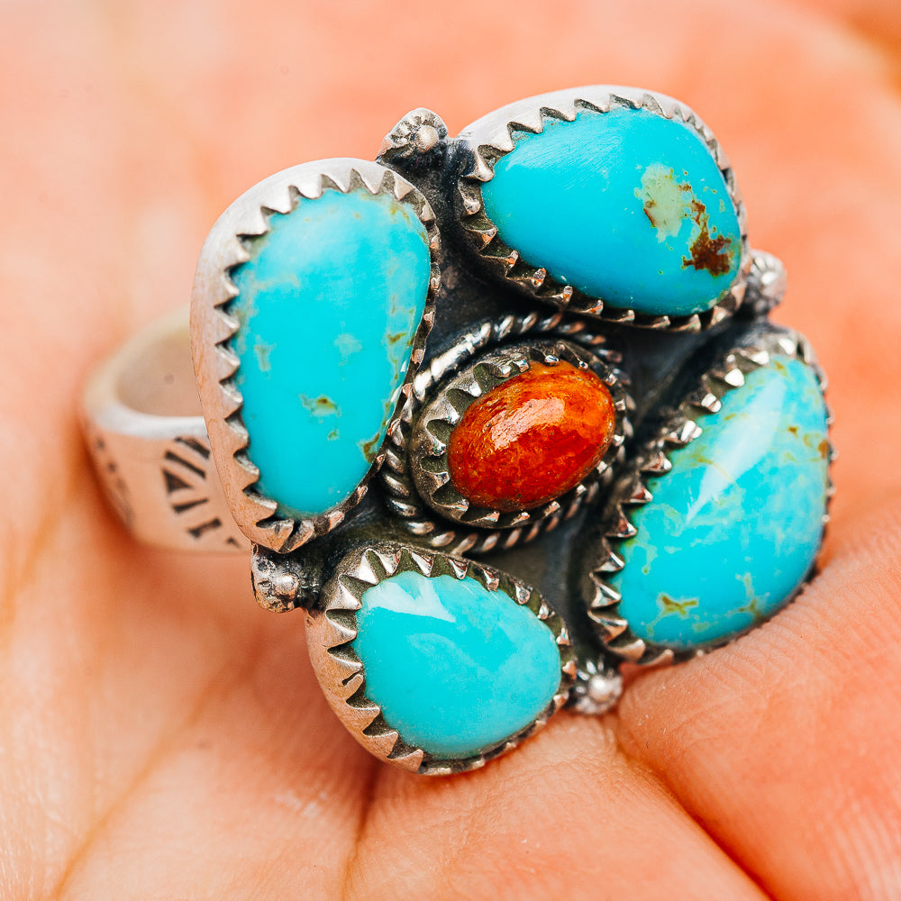 Exclusive Southwestern Style Kingman Turquoise, Sponge Coral Ring Size 6 Adjustable (.925 Sterling Silver)