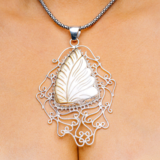 Gigantic Mother Of Pearl Pendant 4 3/4" (.925 Sterling Silver)
