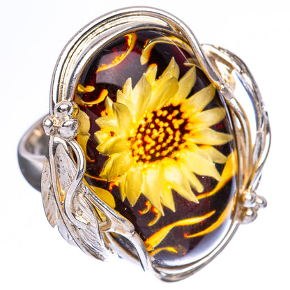 Amber Intaglio Sunflower Ring Size 6 Adjustable (925 Sterling Silver) R3812