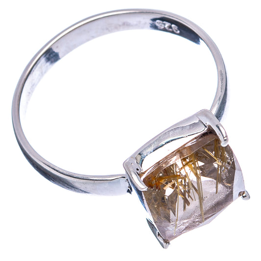 Sterling silver ring featuring a large square rutilated quartz centerpiece with four prongs