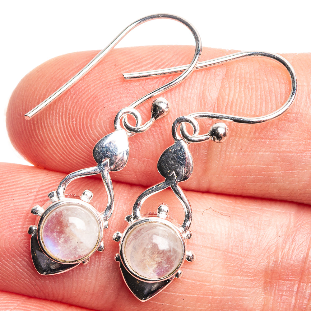Dainty 925 sterling silver moonstone drop earrings with round iridescent stones