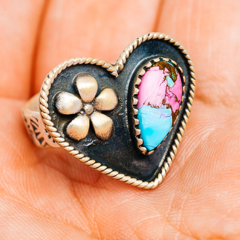 Heart gemstone ring with turquoise and pink inlay, floral side motif, silver-toned bezel edge