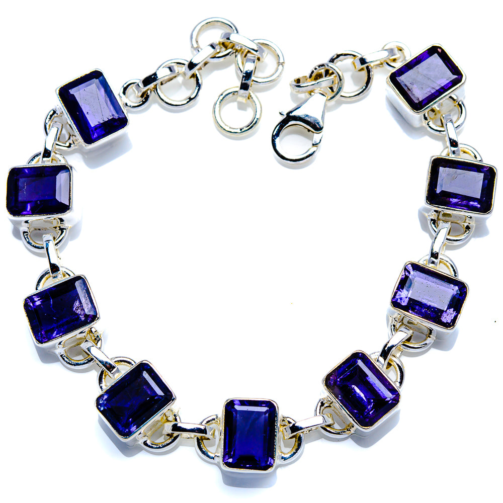 Adjustable sterling silver bracelet with dark blue square gemstone links