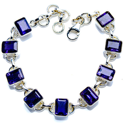 Adjustable sterling silver bracelet with dark blue square gemstone links