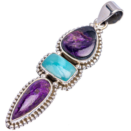 Sterling silver bail pendant featuring purple and blue teardrop gemstones in bezels
