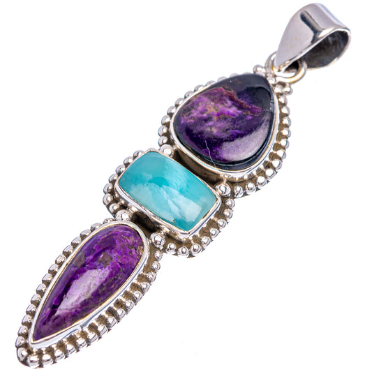 Sterling silver bail pendant featuring purple and blue teardrop gemstones in bezels