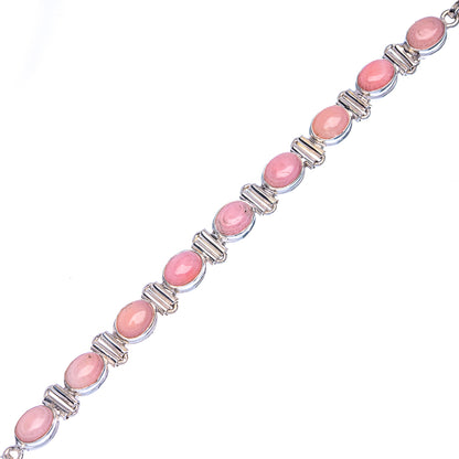 Pink opal sterling silver bracelet, oval cabochon stones on metal link chain
