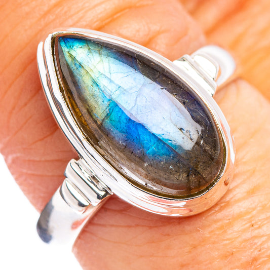 Size 7.75 labradorite ring, .925 sterling silver bezel, oval teardrop with blue flash