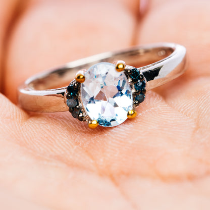 Blue Topaz, Blue Diamond Ring Size 8.5 (.925 Sterling Silver)