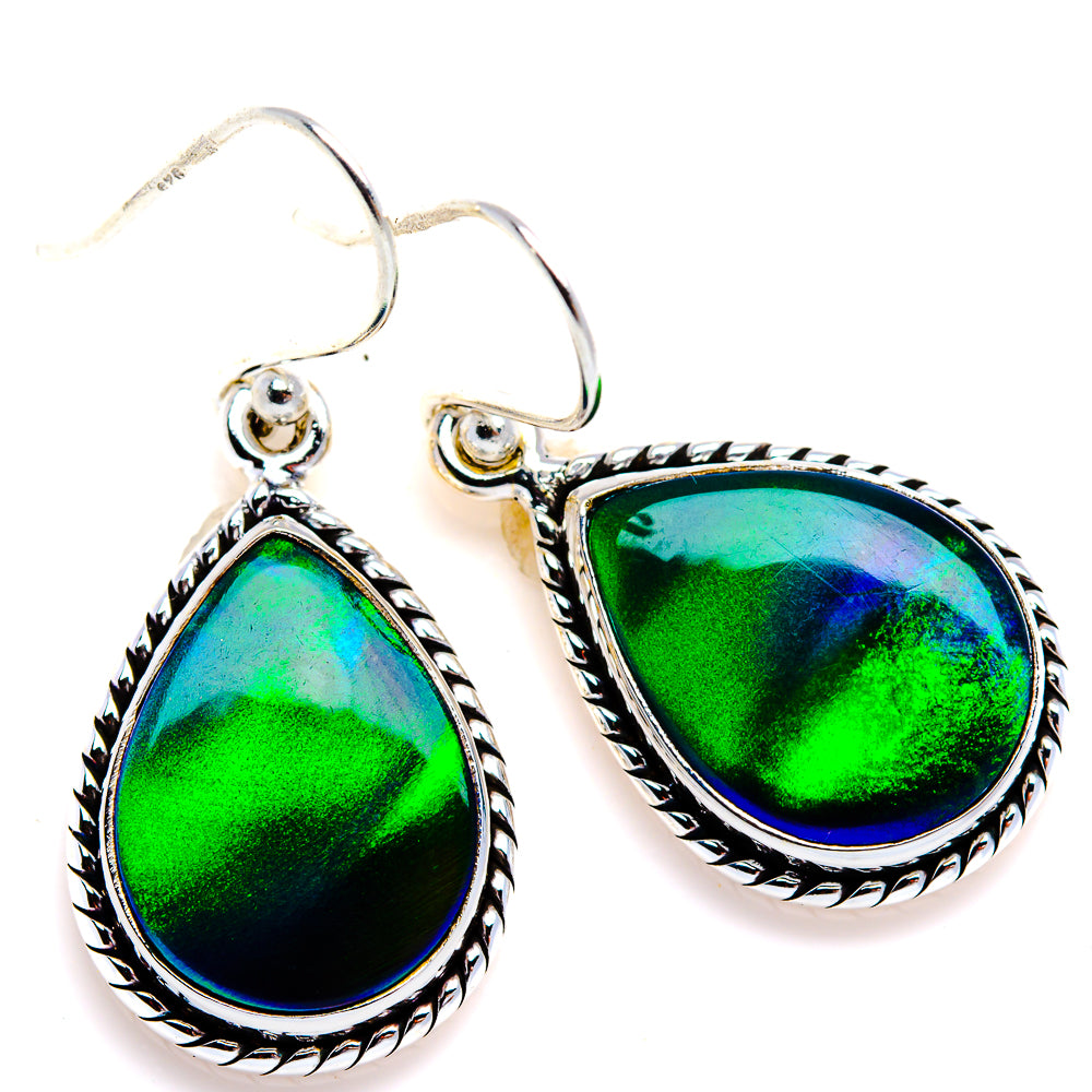 925 sterling silver teardrop opal earrings with green-blue iridescent center and rope border