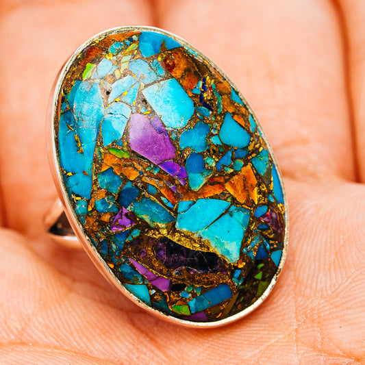 Oval multi-stone turquoise ring with purple inlay, gold flecks, .925 sterling silver band
