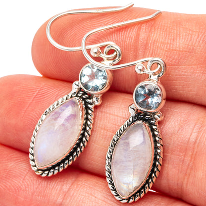 Rainbow Moonstone, Blue Topaz Earrings 1 1/2" (.925 Sterling Silver)