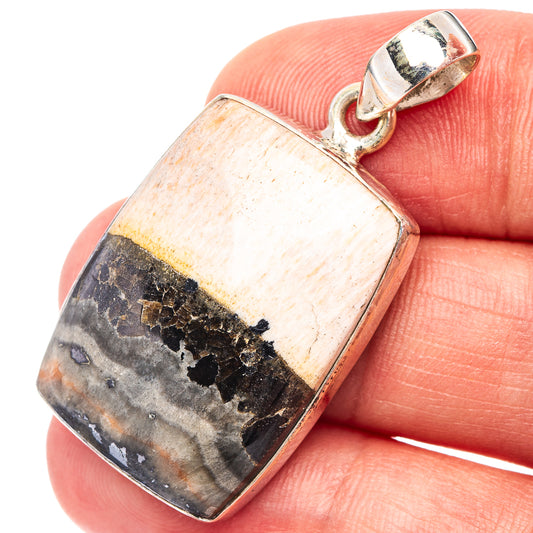 925 sterling silver pendant with rectangular celestobarite stone, cream and dark gray
