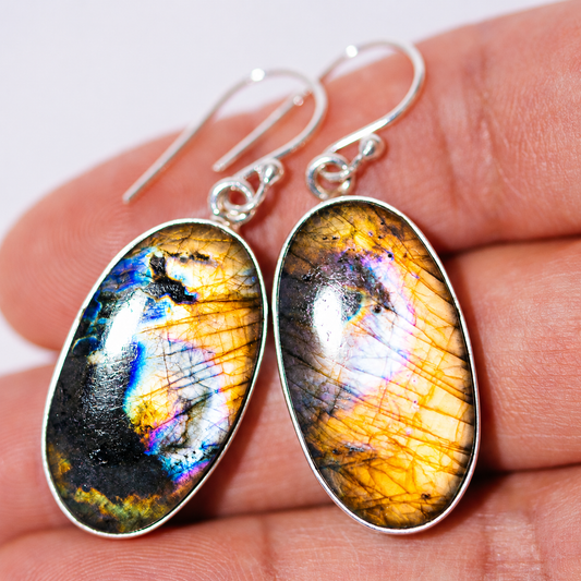 Premium Spectrolite Earrings 1 3/4" (.925 Sterling Silver)