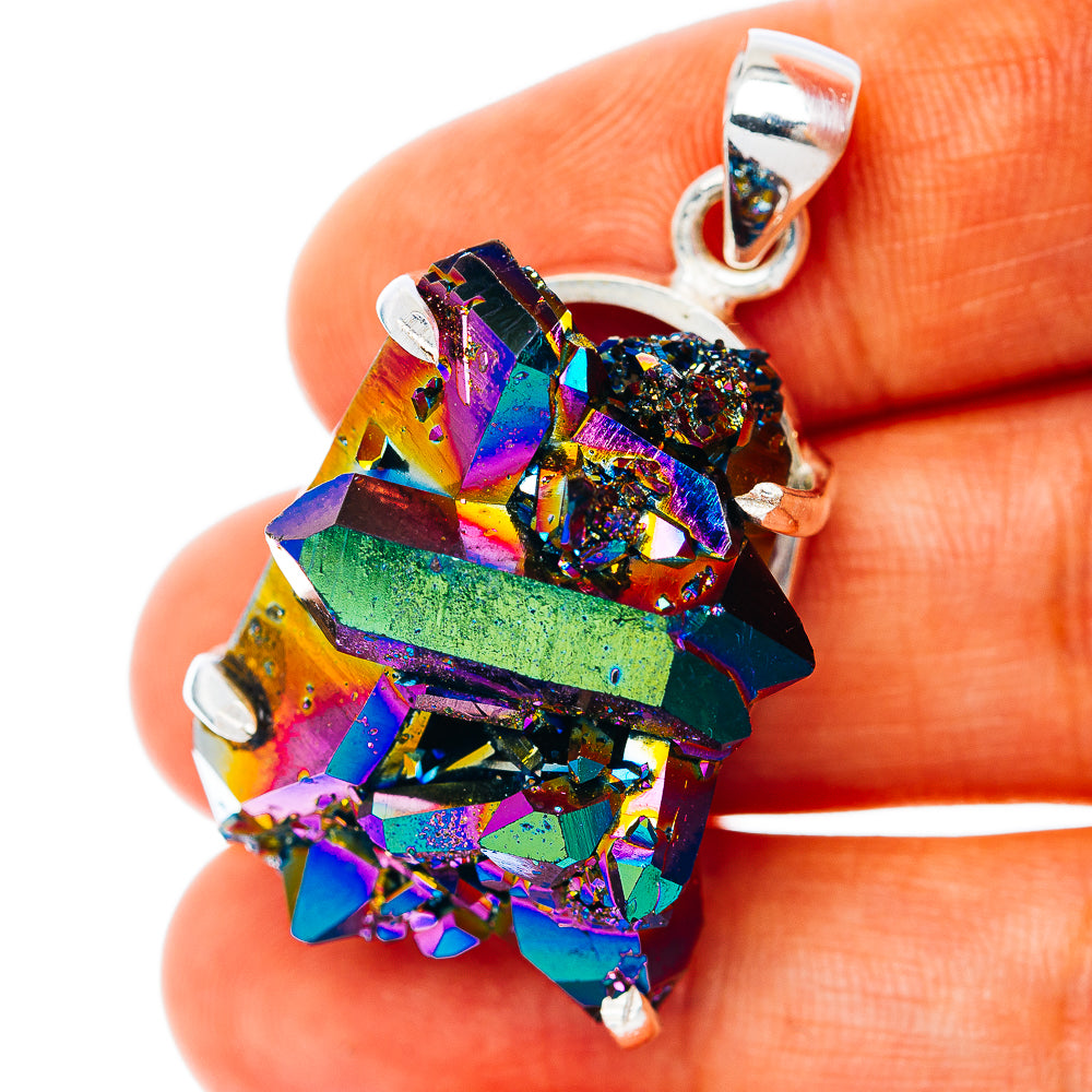 Titanium aura quartz pendant in .925 sterling silver with rainbow crystal cluster