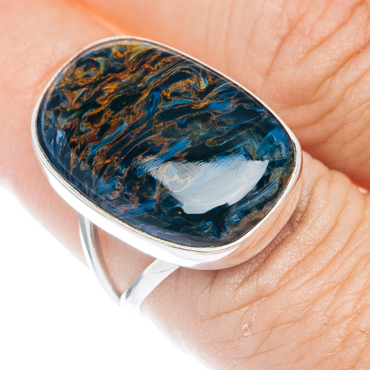Oval pietersite cabochon ring in blue with gold veining, .925 sterling silver band